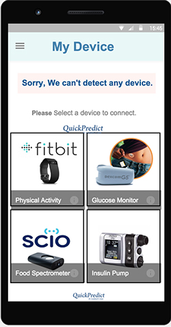 Screenshot of the QuickPredict app that shows connectivity to other monitoring devices.