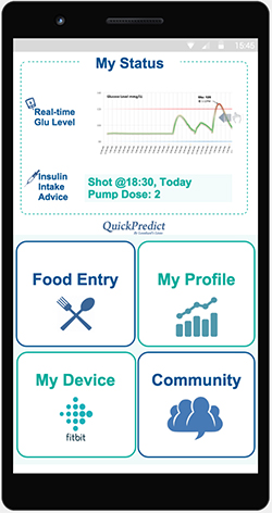 Screen shot of the QuickPredict app that shows real-time insulin levels vs. food intake and physical activity, as well as other options for the user.