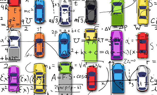 graphical portrayal of traffic with mathematical equations overlaying the vehicles