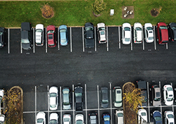 An aerial image of the Leonhard Building parking lot captured by the drone.