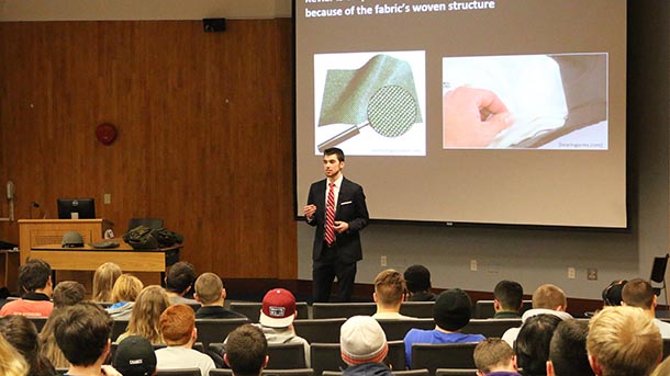 Steven Von Bueren gives his talk at the Leonhard Center Speaking Contest