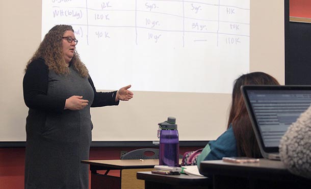 Sarah Root teaching an industrial engineering class.