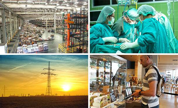 Images from healthcare, supply chain distribution, food service, and electric utilities